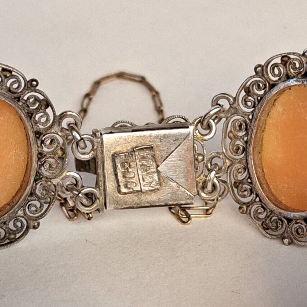 Antique Cameo Panel Silver Bracelet Filigree Italy 800 Marked Gold Chain Links - Picture 5 of 11